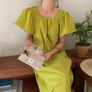 Short-sleeve Plain Midi Dress Green - One Size