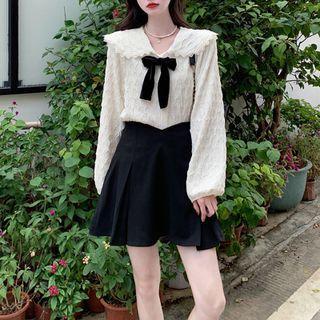 Bow-neck Blouse / Pleated Mini A-line Skirt