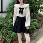 Bow-neck Blouse / Pleated Mini A-line Skirt