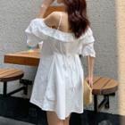 Elbow-sleeve Cold Shoulder Ruffled Mini Dress White - One Size