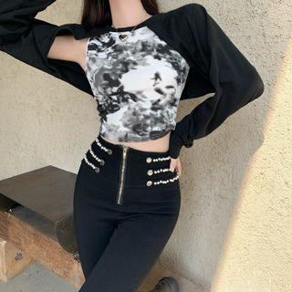 Irregular Tie-dye Crop Top / Embellished Zip Leggings