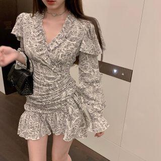 V-neck Ruffle-trim Floral Mini Dress