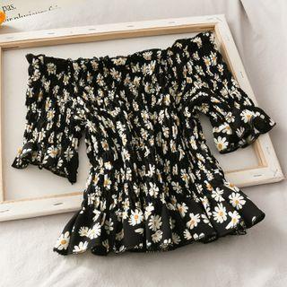 Boatneck Daisy-print Smocked Crop Top Black - One Size