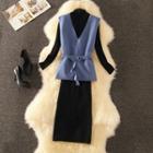 Tie-waist Vest / Long-sleeve Midi Knit Dress / Set