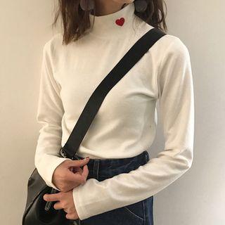 Plain / Striped Turtleneck Embroidered T-shirt