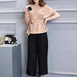 Set: Tie-waist Short-sleeve Top + Wide Leg Cropped Pants