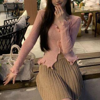 Long-sleeve Plain Ruffle Trim Knit Top / High-waist Plain Pleated Skirt