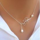 Leaf Faux Pearl Pendant Alloy Necklace Silver - One Size