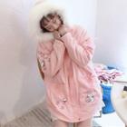 Rabbit Print Furry Hood Parka Pink - One Size