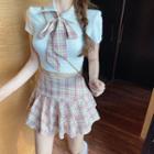 Set: Short-sleeve Crop Shirt + Plaid Pleated Mini A-line Skirt