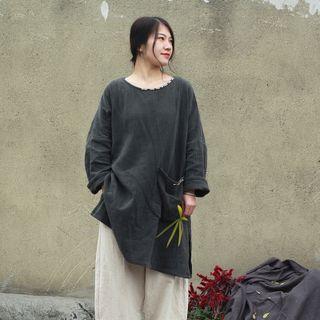 Long-sleeve Embroidered Tunic Top Dark Gray - One Size
