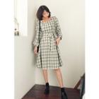 Square-neck Long-sleeve Check Dress With Sash