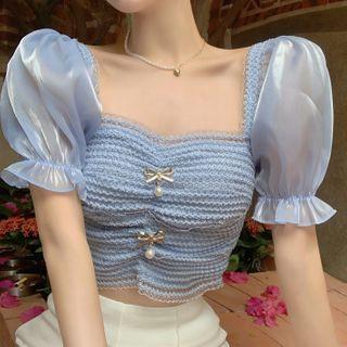 Off-shoulder Short-sleeve Bow Blouse Blue - One Size
