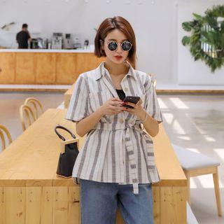 Single-breasted Striped Linen Jacket With Sash