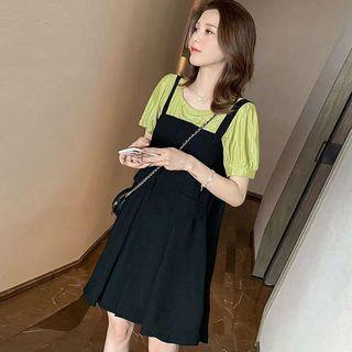 Puff-sleeve Plain Top & Plain Pinafore Dress