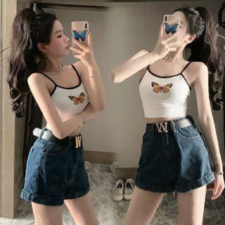 Butterfly Print Cropped Camisole Top White - One Size