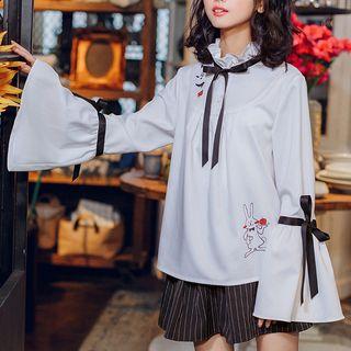 Rabbit Print Bow-detail Bell-sleeve Shirt