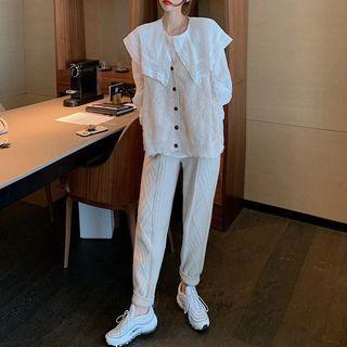 Long-sleeve Lace Trim Top / Buttoned Knit Vest / Knit Pants