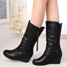 Ruched Faux Leather Hidden Wedge Mid-calf Boots