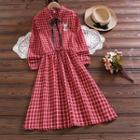 Long Sleeve Rabbit Embroidered Gingham Dress