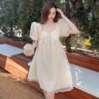 Puff-sleeve Square-neck Plain Mesh Panel Dress