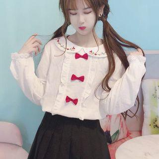 Long-sleeve Bow-accent Top As Shown In Figure - One Size