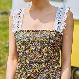 Sleeveless Lace-trim Floral Chiffon Dress