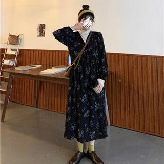 Long-sleeve Flower Print Midi A-line Dress Dress - Black - One Size