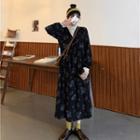 Long-sleeve Flower Print Midi A-line Dress Dress - Black - One Size