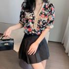 Contrast Trim V-neck Floral Print Chiffon Blouse