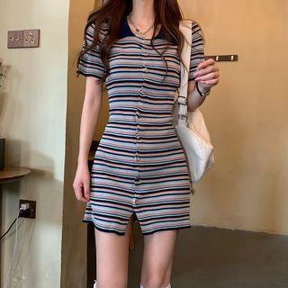 Short-sleeve Striped Polo Knit Dress As Shown In Figure - One Size