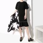 Short-sleeve Print Panel Dress Black - One Size