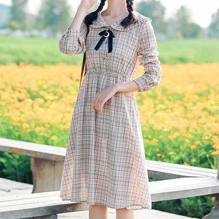 Long-sleeve Plaid Sailor Collar A-line Dress