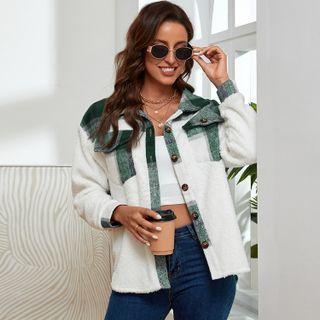 Fluffy Long-sleeve Plaid Pocket Shirt Jacket
