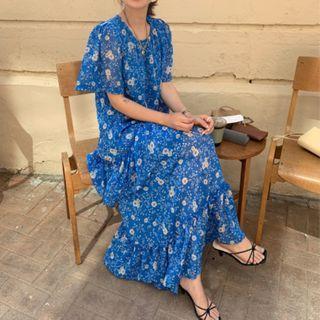 Floral Irregular Trim Layered Long Dress