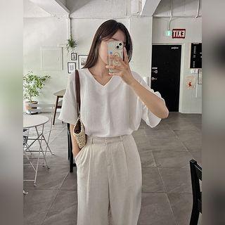 Plain V-neck Drop-shoulder Blouse
