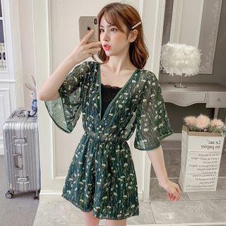 Set: Lace Trim Camisole + Flower Print Flared-sleeve Playsuit