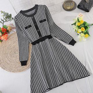 Round-neck Houndstooth Long-sleeve Knit Dress Black - One Size