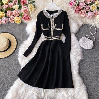 Contrast-trim Lace-trim Long-sleeve A-line Dress Black - One Size