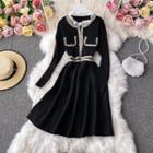 Contrast-trim Lace-trim Long-sleeve A-line Dress Black - One Size