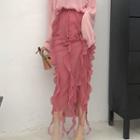 Frill Trim Midi Pencil Skirt Pink - One Size