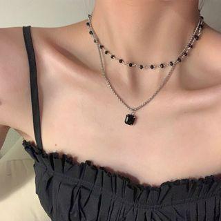 Square Faux Gemstone Pendant Layered Stainless Steel Choker