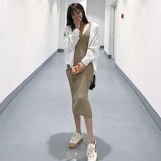 Plain Shirt / Sleeveless Midi Knit Dress