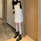 Turtleneck Long-sleeve Knit Top / Spaghetti Strap Fringed Mini A-line Dress