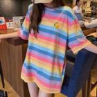 Elbow-sleeve Rainbow Striped Embroidered T-shirt