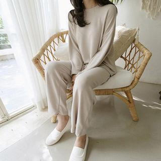Set: Plain Long-sleeve Top + Band-waist Pants