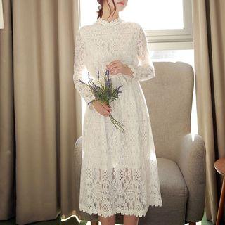 Mock Neck Long Sleeve Midi Lace Dress