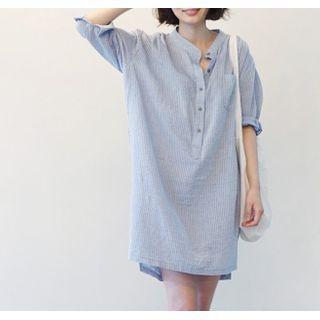 Stand-collar Striped Mini Shirtdress