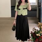 Short-sleeve Frill Trim Blouse / Pleated Skirt
