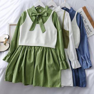 Set: Ribbon-neckline Mini Shirtdress + Knit Vest